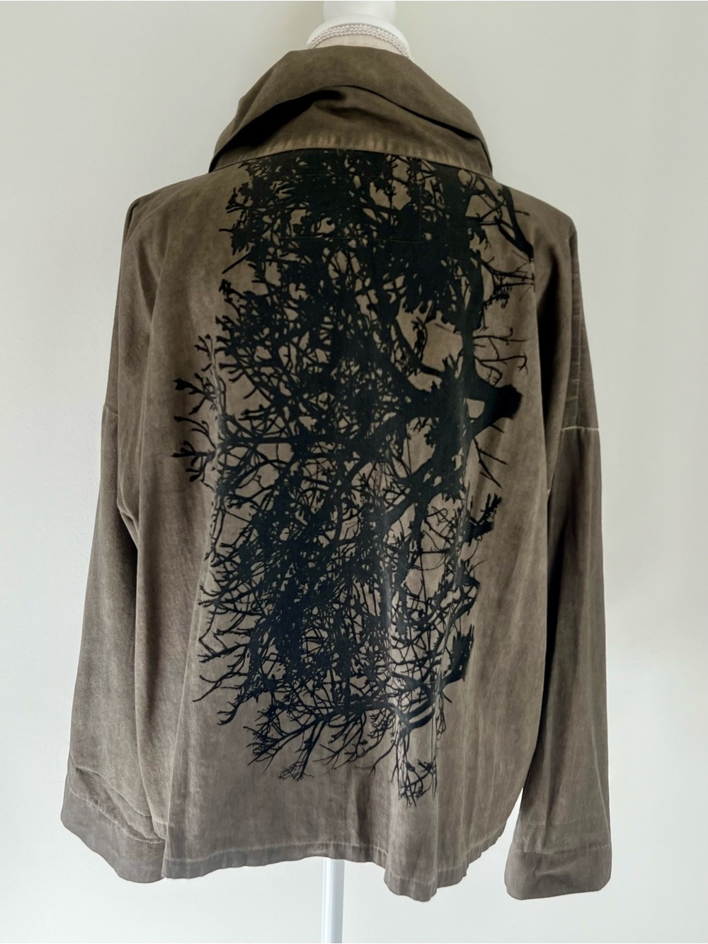 Luukaa Olive Green Oversized Jacket with Black Tree Print